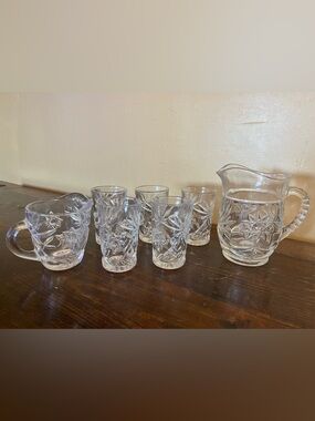 Pressed Clear Glass Pitcher with smaller pitcher and 5-Glass Beverage Set